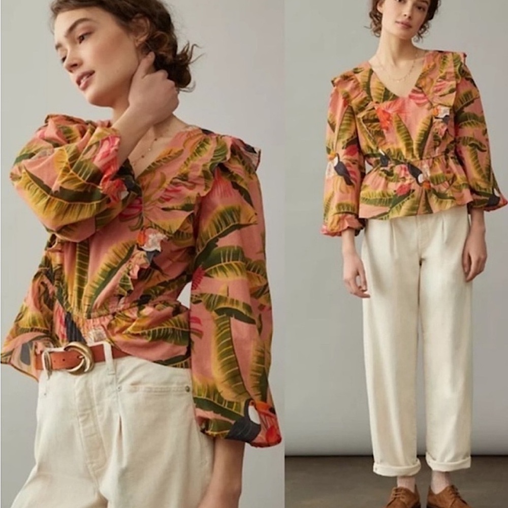 Farm Rio for Anthropologie Yasmine Ruffled Blouse Toucan Floral Tropical Small